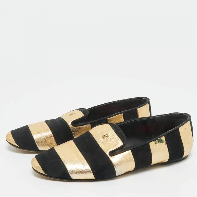 Pre Owned CH Carolina Herrera Black/Gold Leather and Suede Smoking Slippers Size 38