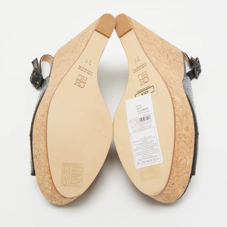 Pre Owned CH Carolina Herrera Black Snakeskin Embossed Leather Wedge Sandals Size 38