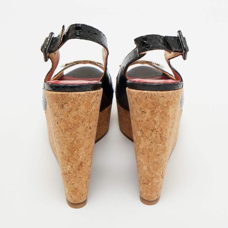 Pre Owned CH Carolina Herrera Black Snakeskin Embossed Leather Wedge Sandals Size 38