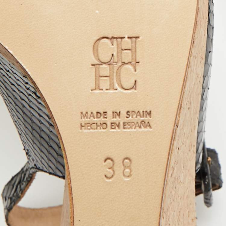 Pre Owned CH Carolina Herrera Black Snakeskin Embossed Leather Wedge Sandals Size 38