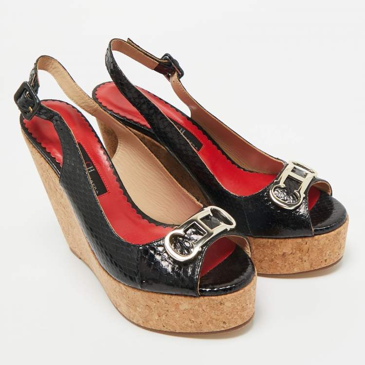 Pre Owned CH Carolina Herrera Black Snakeskin Embossed Leather Wedge Sandals Size 38