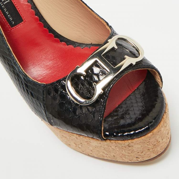 Pre Owned CH Carolina Herrera Black Snakeskin Embossed Leather Wedge Sandals Size 38