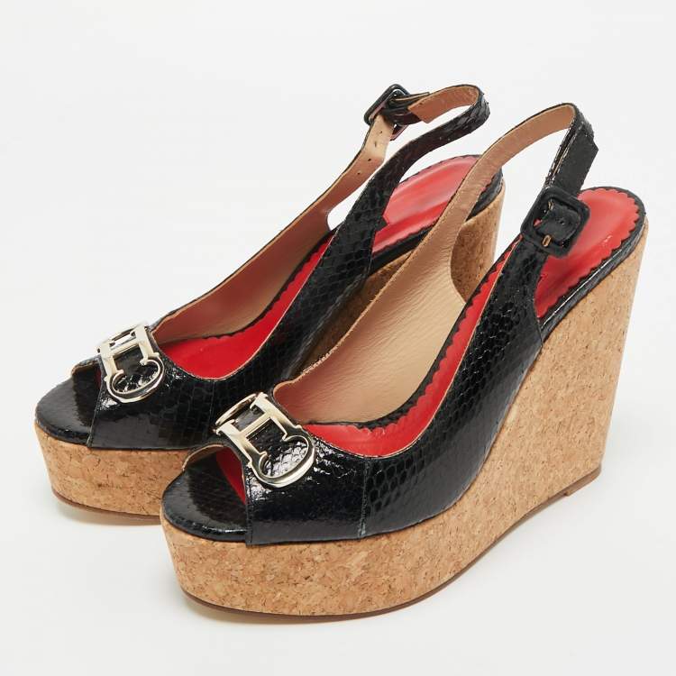 Pre Owned CH Carolina Herrera Black Snakeskin Embossed Leather Wedge Sandals Size 38