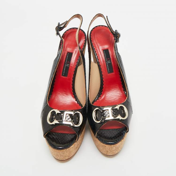 Pre Owned CH Carolina Herrera Black Snakeskin Embossed Leather Wedge Sandals Size 38