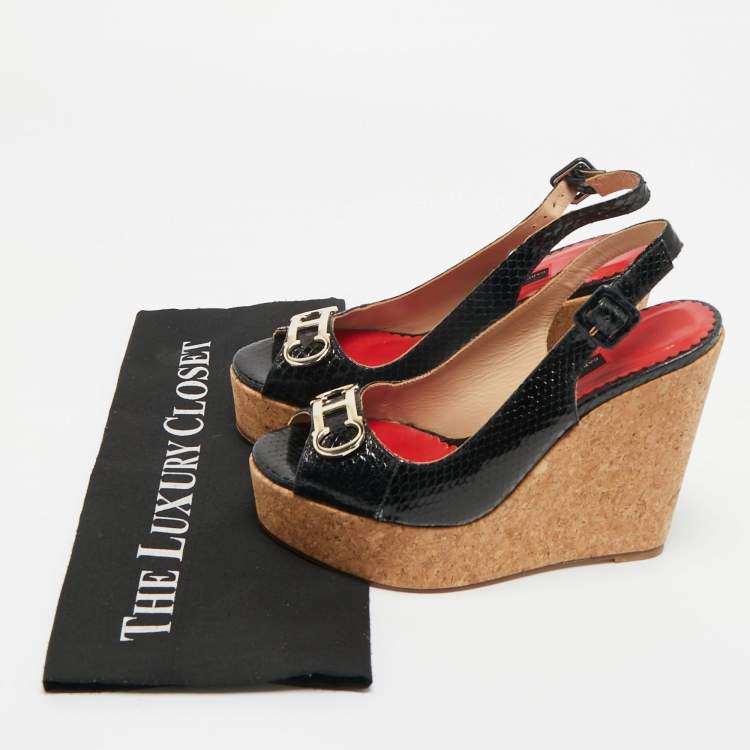 Pre Owned CH Carolina Herrera Black Snakeskin Embossed Leather Wedge Sandals Size 38