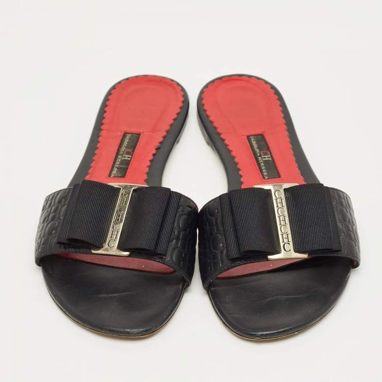 مملوكة مسبقًا CH Carolina Herrera Black Leather Bow Flat Slides Size 36