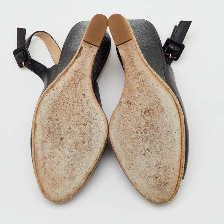 Pre Owned CH Carolina Herrera Black Leather Initials Insignia Slingback Wedge Sandals Size 38