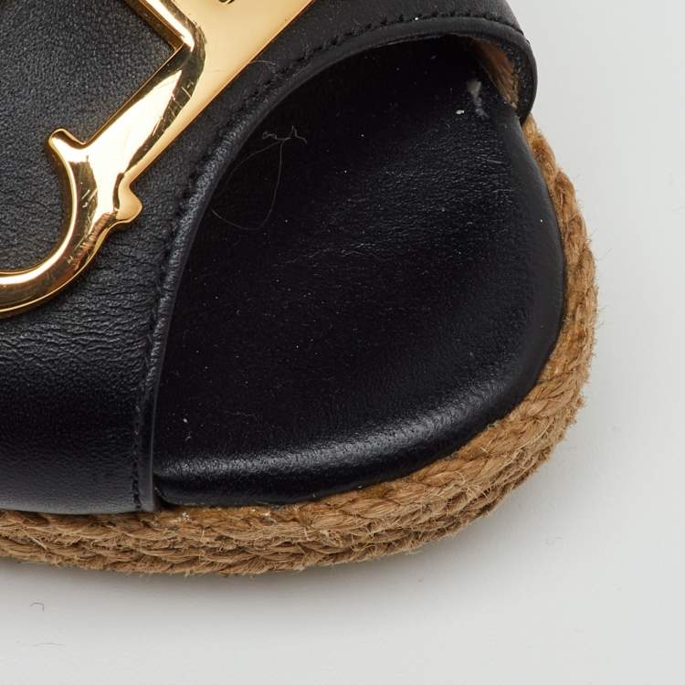 Pre Owned CH Carolina Herrera Black Leather Initials Insignia Slingback Wedge Sandals Size 38