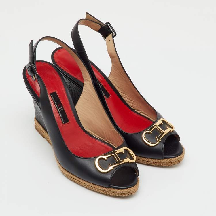 Pre Owned CH Carolina Herrera Black Leather Initials Insignia Slingback Wedge Sandals Size 38