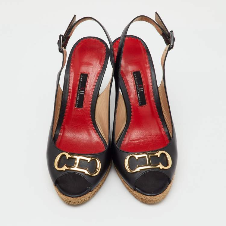 Pre Owned CH Carolina Herrera Black Leather Initials Insignia Slingback Wedge Sandals Size 38