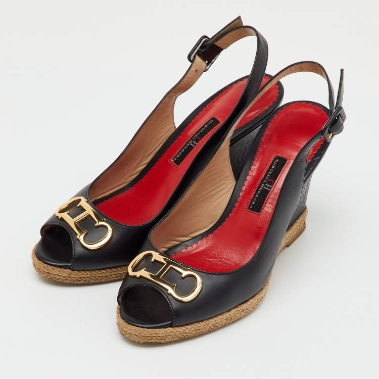 Pre Owned CH Carolina Herrera Black Leather Initials Insignia Slingback Wedge Sandals Size 38