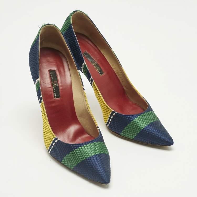 Pre Owned CH Carolina Herrera Multicolor Woven Fabric Stripe Pointed Toe Pumps Size 38