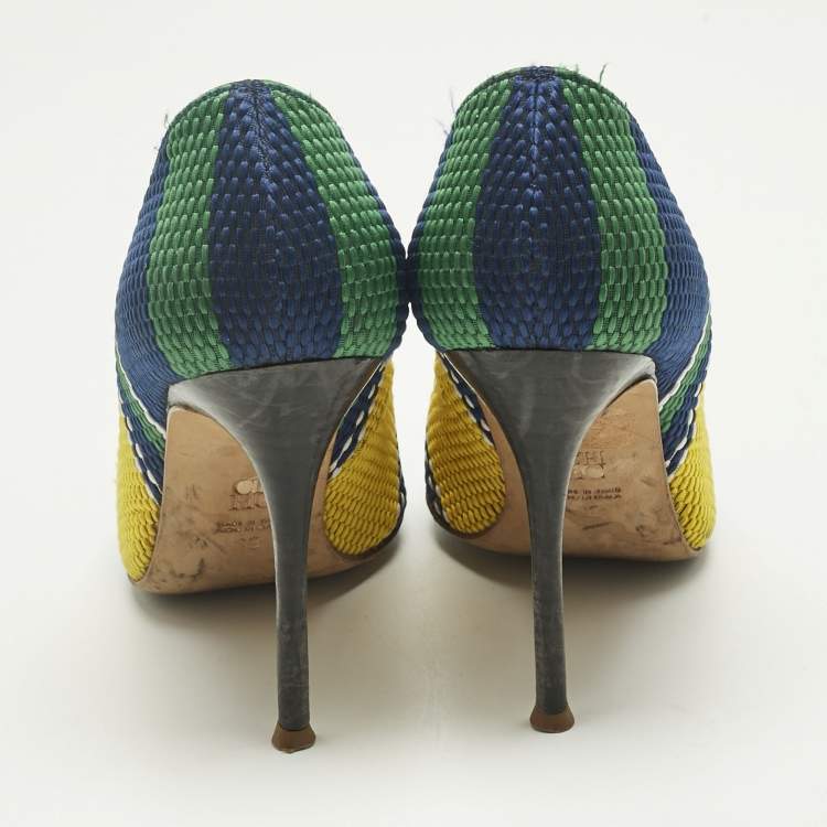 Pre Owned CH Carolina Herrera Multicolor Woven Fabric Stripe Pointed Toe Pumps Size 38