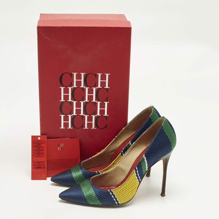 Pre Owned CH Carolina Herrera Multicolor Woven Fabric Stripe Pointed Toe Pumps Size 38