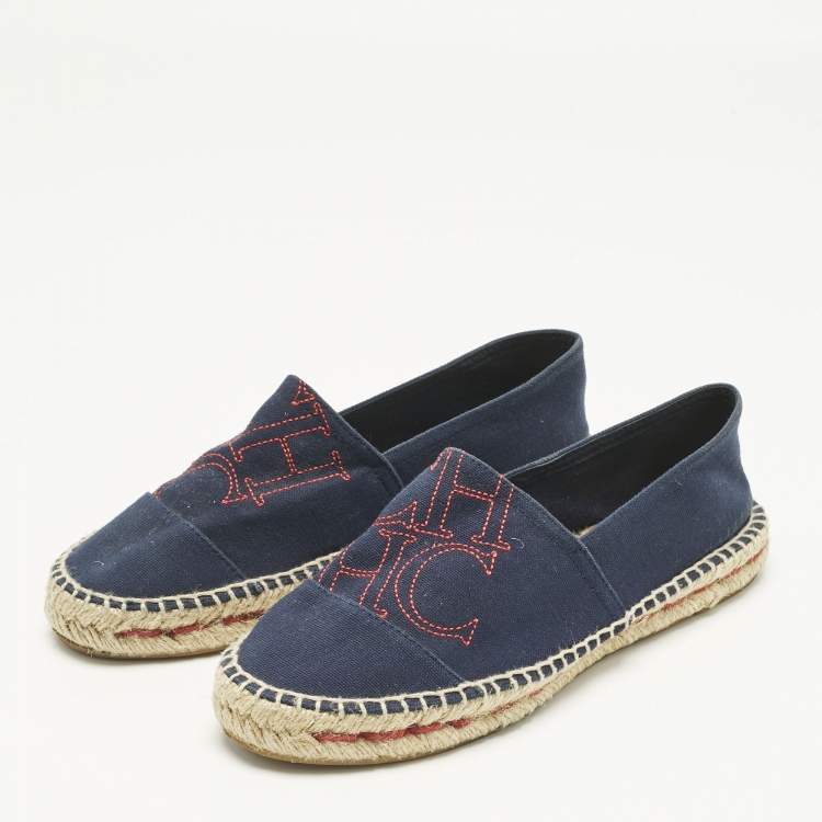 Pre Owned CH Carolina Herrera Navy Blue Canvas Espadrille Flats Size 37