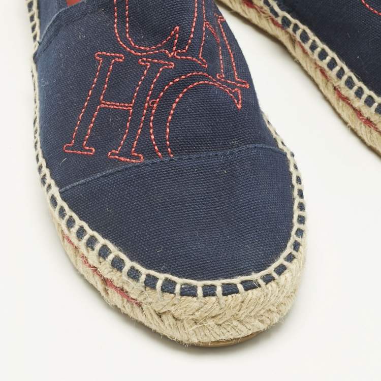 Pre Owned CH Carolina Herrera Navy Blue Canvas Espadrille Flats Size 37