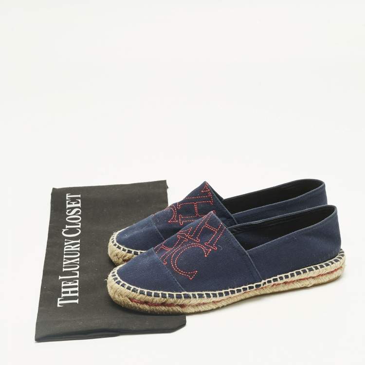 Pre Owned CH Carolina Herrera Navy Blue Canvas Espadrille Flats Size 37