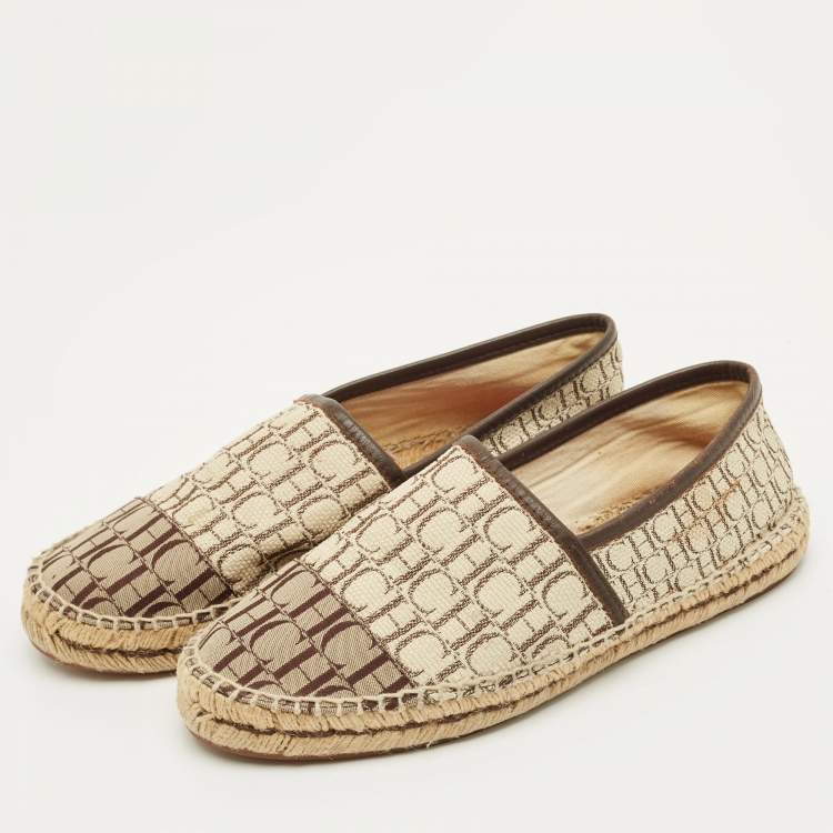 Pre Owned CH Carolina Herrera Size 38 Multicolor Monogram Canvas and Leather Espadrille Loafers