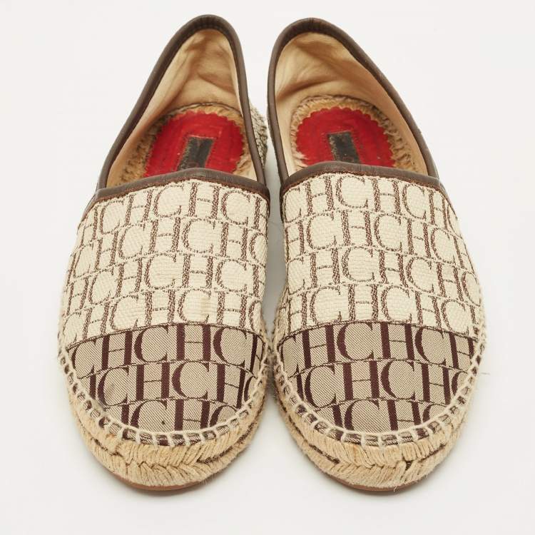 Pre Owned CH Carolina Herrera Size 38 Multicolor Monogram Canvas and Leather Espadrille Loafers