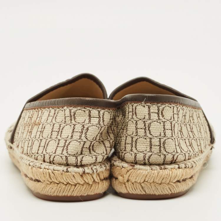 Pre Owned CH Carolina Herrera Size 38 Multicolor Monogram Canvas and Leather Espadrille Loafers