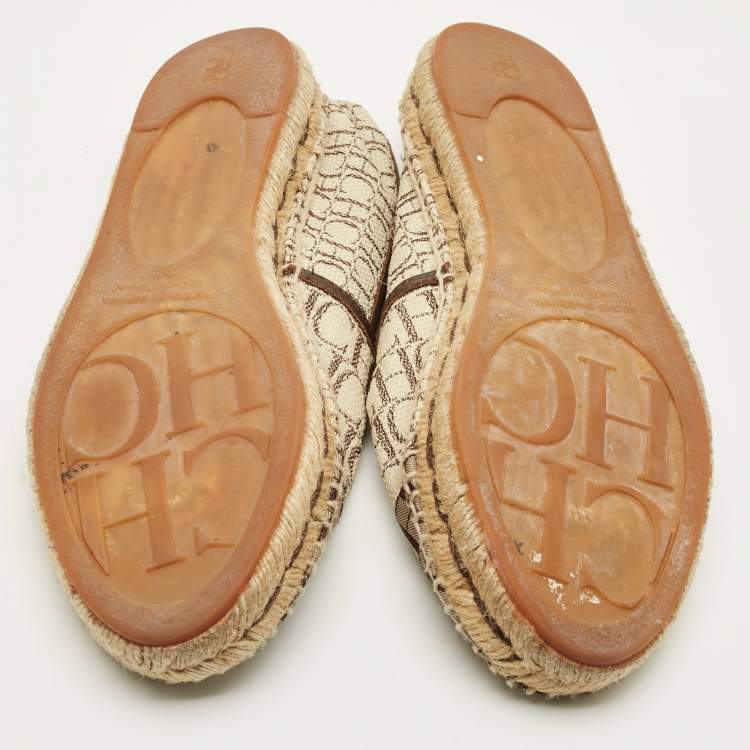 Pre Owned CH Carolina Herrera Size 38 Multicolor Monogram Canvas and Leather Espadrille Loafers