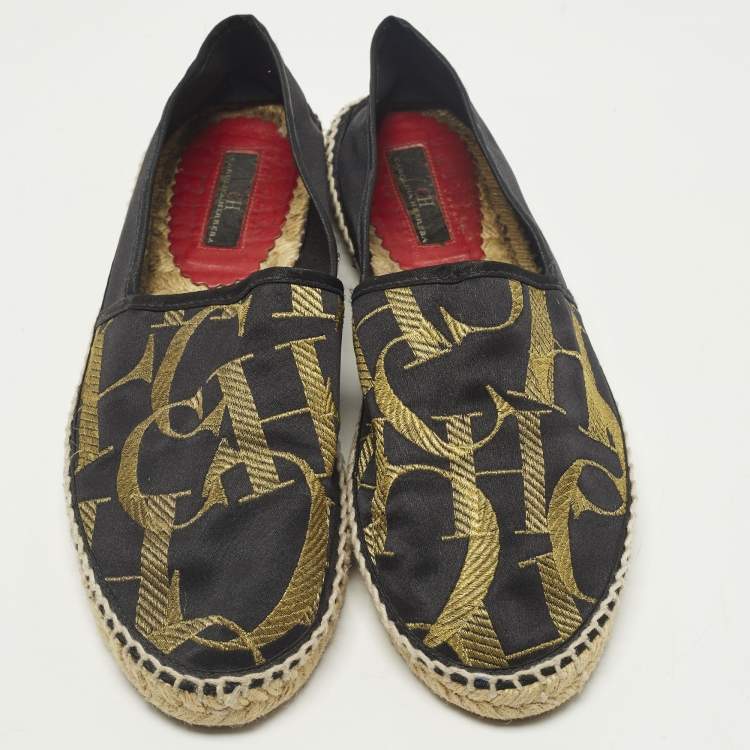 Pre Owned CH Carolina Herrera Size 38 Black Satin Espadrille Flats