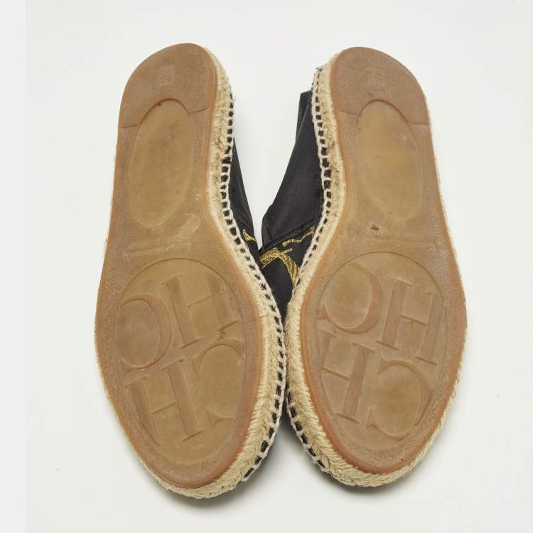 Pre Owned CH Carolina Herrera Size 38 Black Satin Espadrille Flats