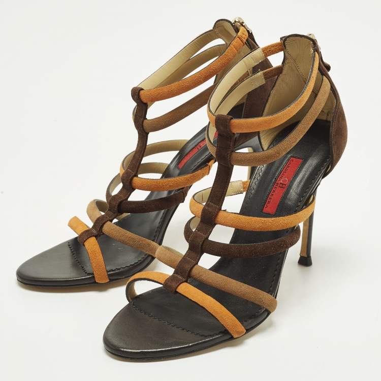 Pre Owned CH Carolina Herrera Size 38 Multicolor Suede Ankle Strap Sandals