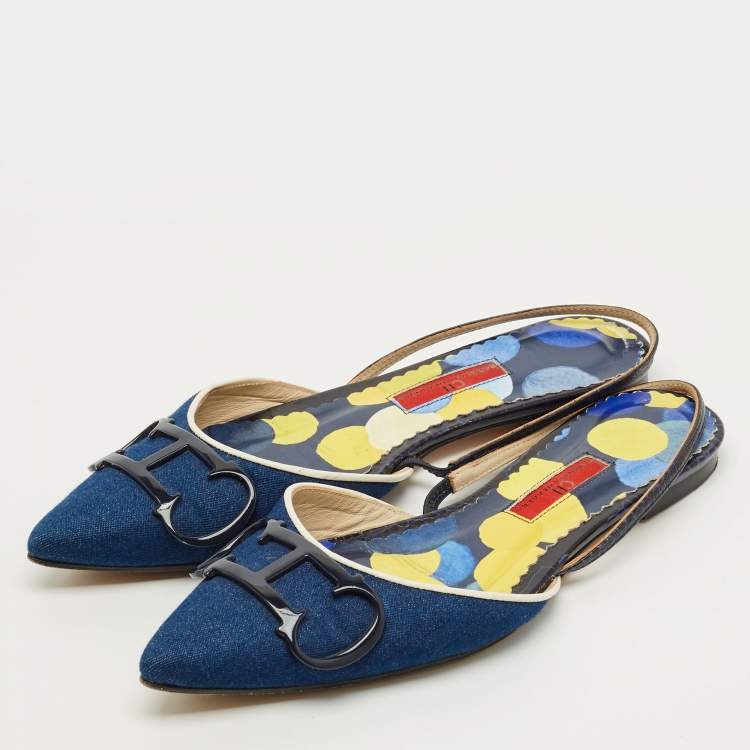 Pre Owned CH Carolina Herrera Initials Insignia Size 39 Navy Blue Denim and Leather Slingback Sandals