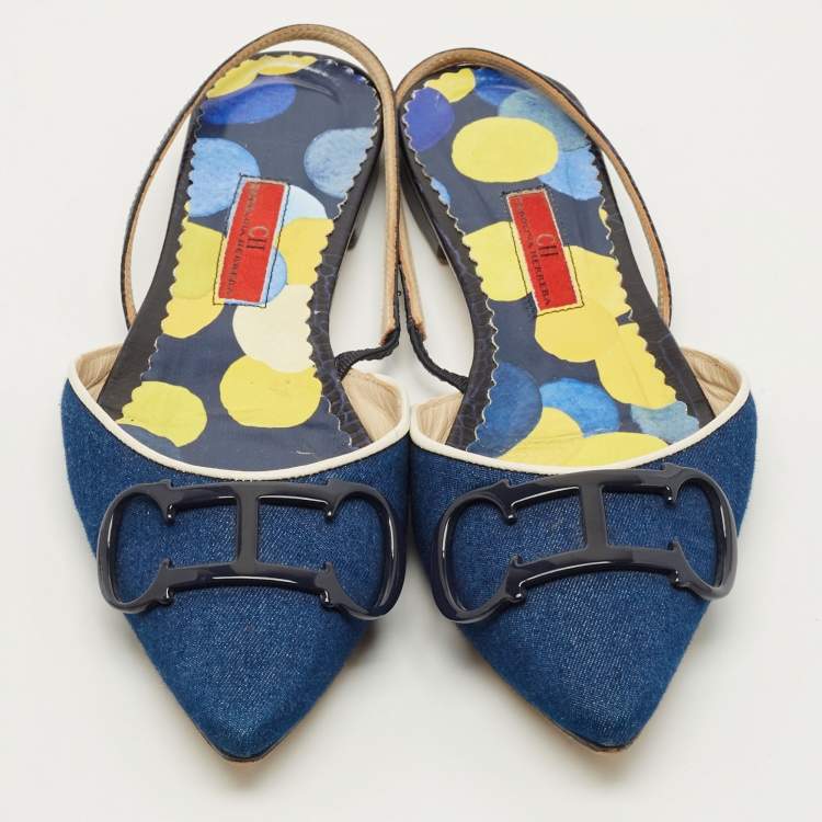 Pre Owned CH Carolina Herrera Initials Insignia Size 39 Navy Blue Denim and Leather Slingback Sandals
