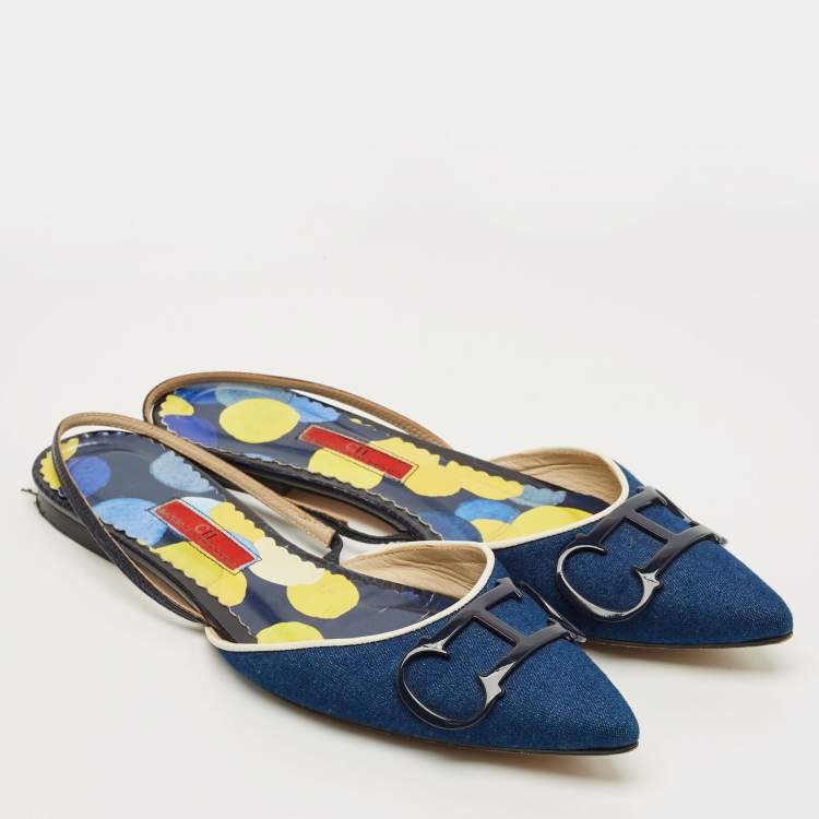 Pre Owned CH Carolina Herrera Initials Insignia Size 39 Navy Blue Denim and Leather Slingback Sandals