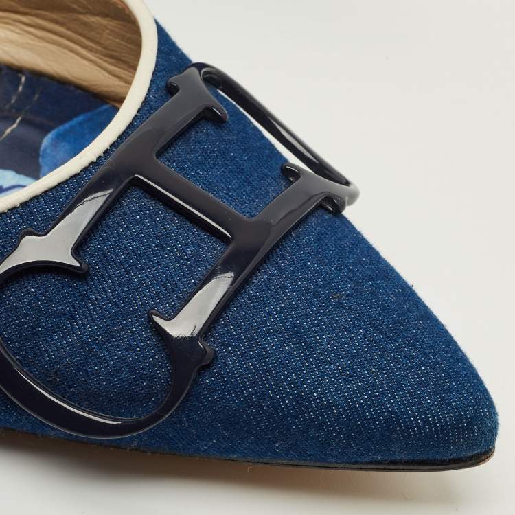 Pre Owned CH Carolina Herrera Initials Insignia Size 39 Navy Blue Denim and Leather Slingback Sandals