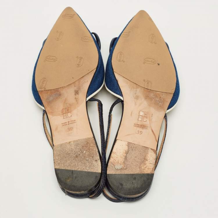 Pre Owned CH Carolina Herrera Initials Insignia Size 39 Navy Blue Denim and Leather Slingback Sandals