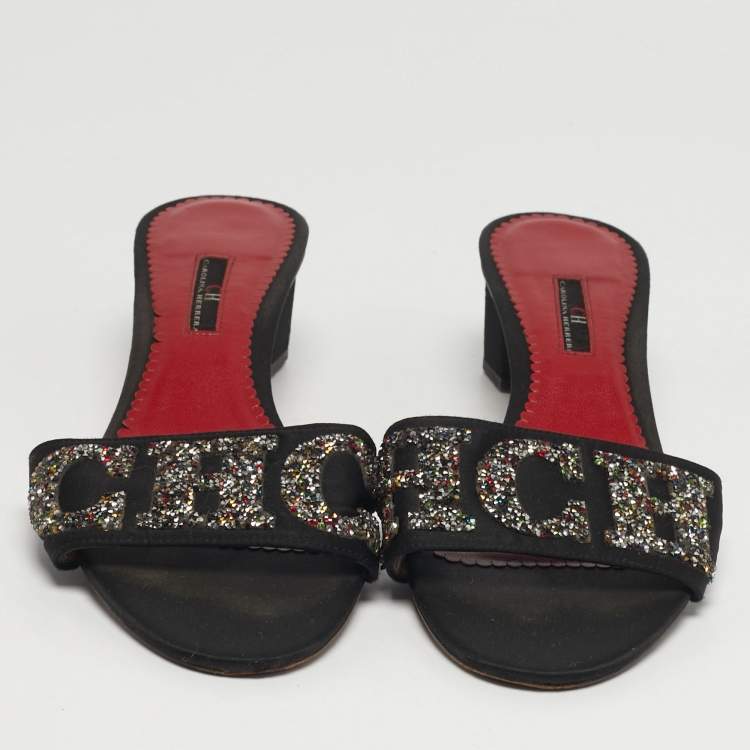Pre Owned CH Carolina Herrera Size 41 Black Satin Crystal Embellished Slide Sandals