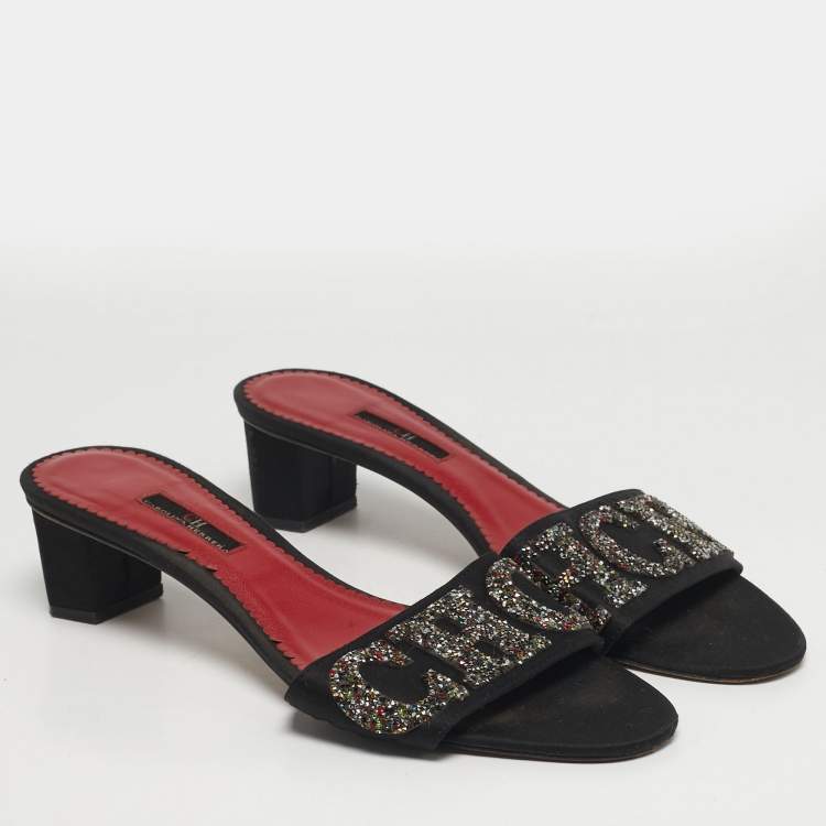 Pre Owned CH Carolina Herrera Size 41 Black Satin Crystal Embellished Slide Sandals