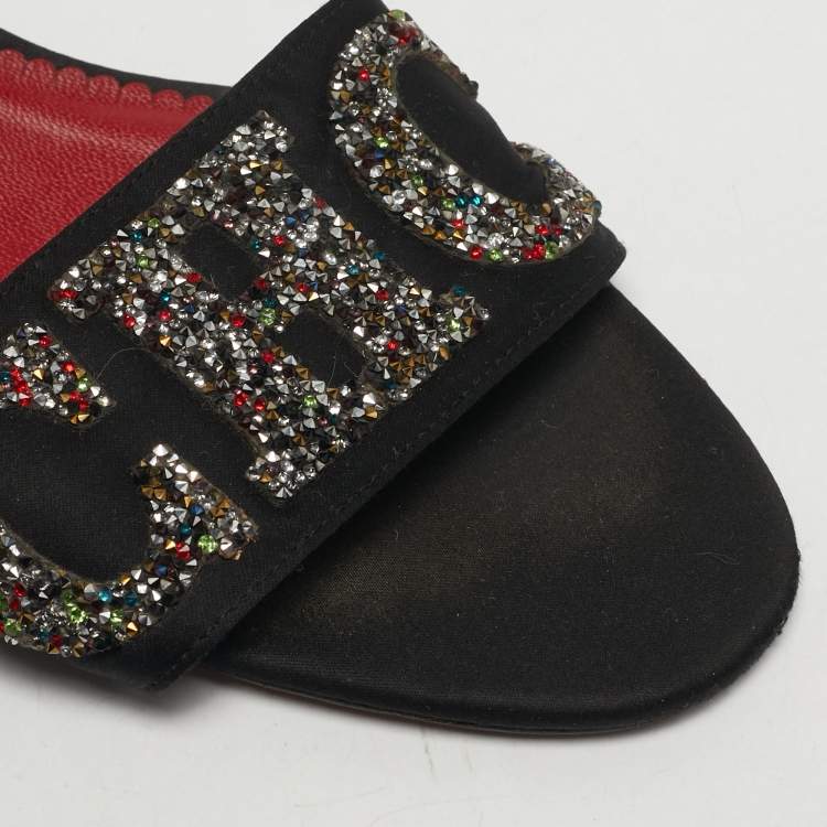 Pre Owned CH Carolina Herrera Size 41 Black Satin Crystal Embellished Slide Sandals