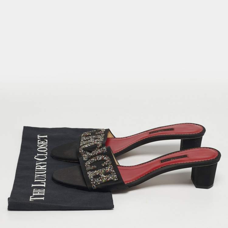 Pre Owned CH Carolina Herrera Size 41 Black Satin Crystal Embellished Slide Sandals