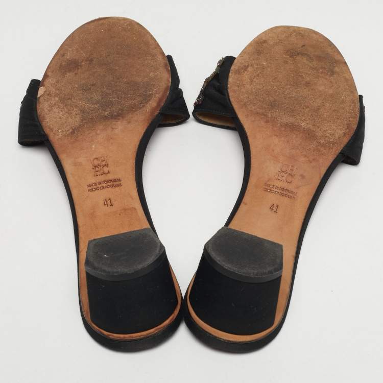 Pre Owned CH Carolina Herrera Size 41 Black Satin Crystal Embellished Slide Sandals