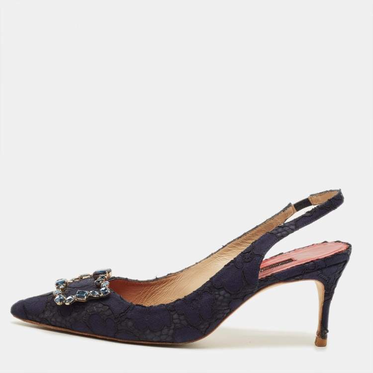 Pre Owned CH Carolina Herrera Size 40 Navy Blue Lace and Mesh Crystal Embellished Buckle Slingback Pumps
