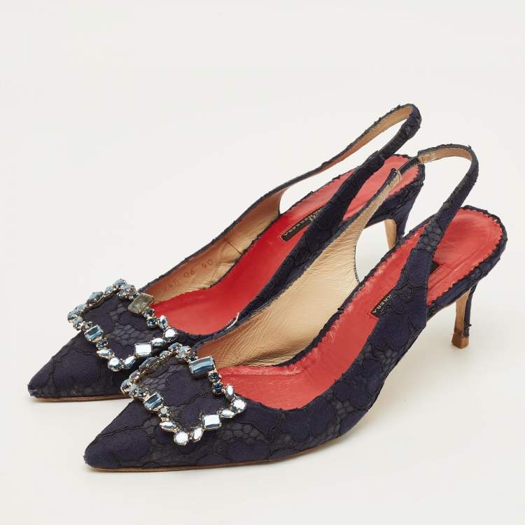 Pre Owned CH Carolina Herrera Size 40 Navy Blue Lace and Mesh Crystal Embellished Buckle Slingback Pumps