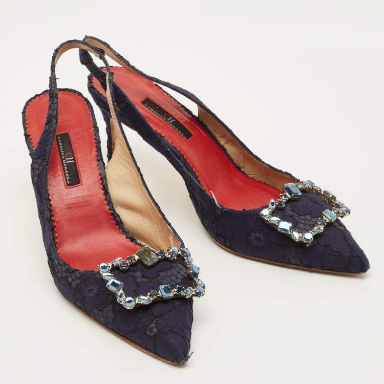 Pre Owned CH Carolina Herrera Size 40 Navy Blue Lace and Mesh Crystal Embellished Buckle Slingback Pumps