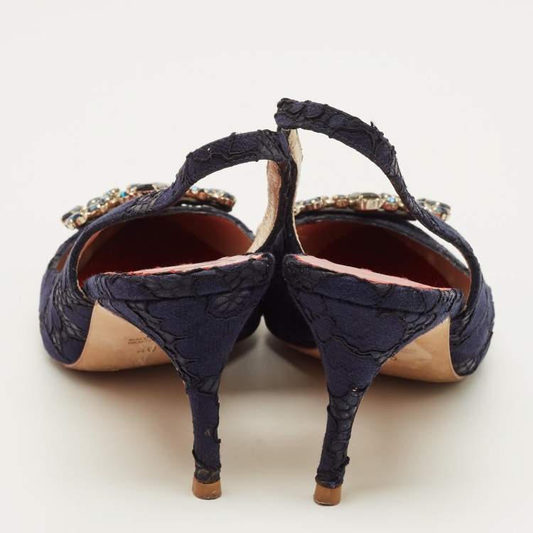 Pre Owned CH Carolina Herrera Size 40 Navy Blue Lace and Mesh Crystal Embellished Buckle Slingback Pumps