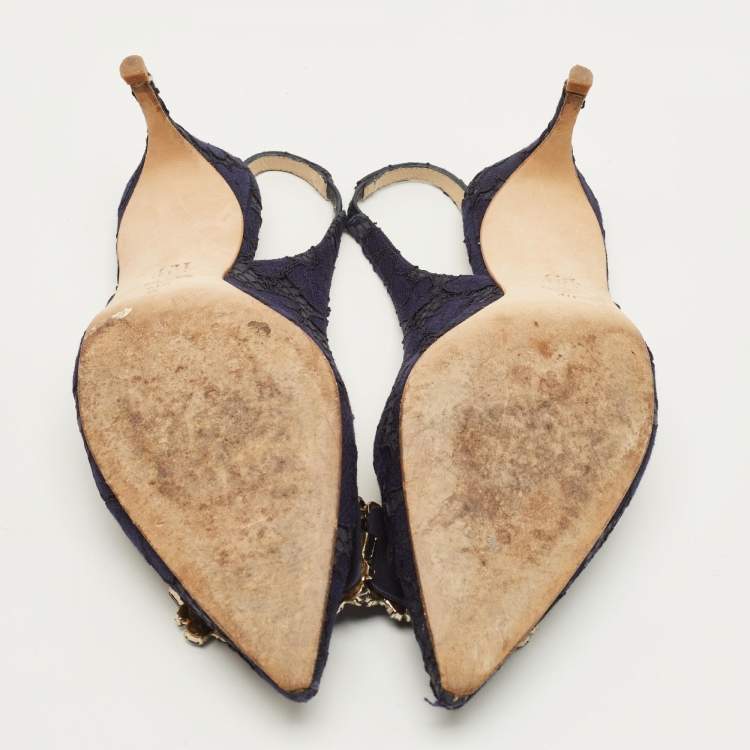 Pre Owned CH Carolina Herrera Size 40 Navy Blue Lace and Mesh Crystal Embellished Buckle Slingback Pumps