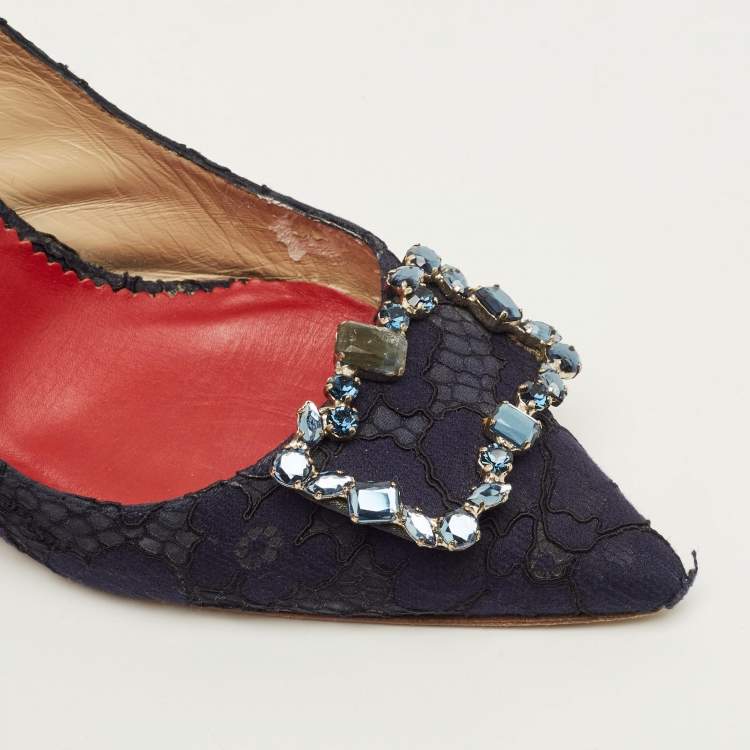 Pre Owned CH Carolina Herrera Size 40 Navy Blue Lace and Mesh Crystal Embellished Buckle Slingback Pumps