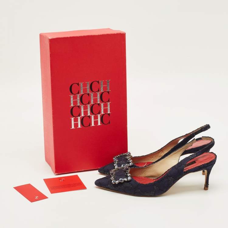 Pre Owned CH Carolina Herrera Size 40 Navy Blue Lace and Mesh Crystal Embellished Buckle Slingback Pumps