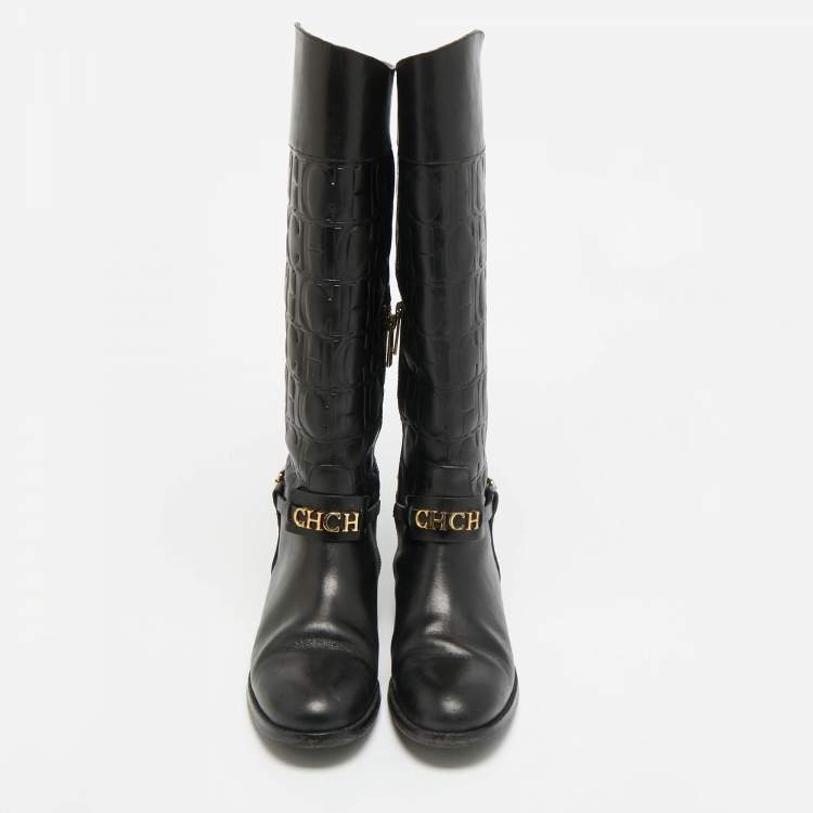 Pre Owned CH Carolina Herrera Riding Size 38 Black Leather Knee Length Boots