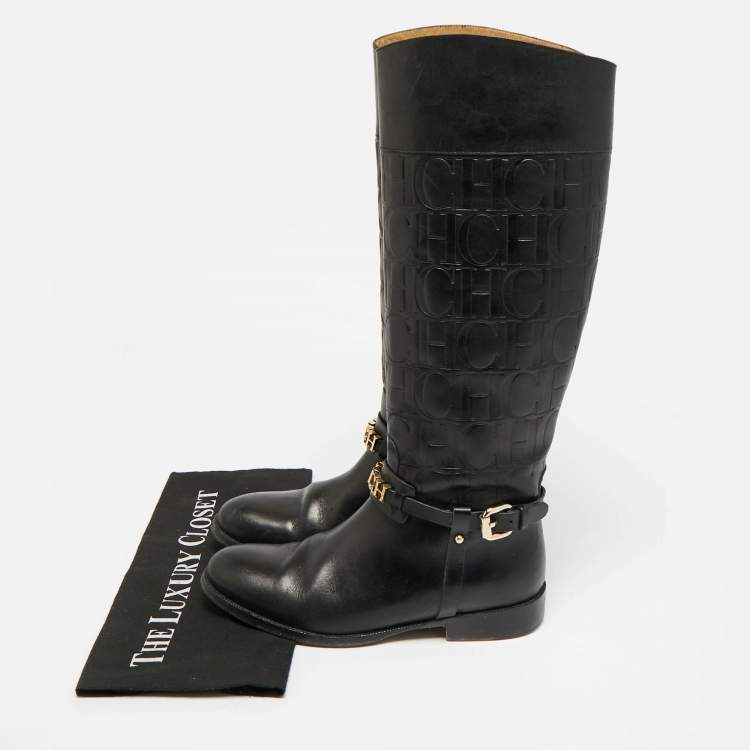 Pre Owned CH Carolina Herrera Riding Size 38 Black Leather Knee Length Boots