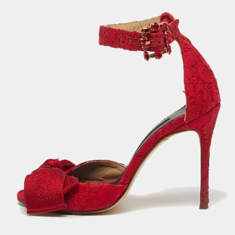 Pre Owned CH Carolina Herrera Size 36 Red Lace and Satin Bow Ankle Strap Sandals