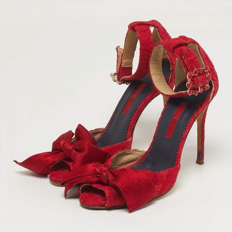 Pre Owned CH Carolina Herrera Size 36 Red Lace and Satin Bow Ankle Strap Sandals
