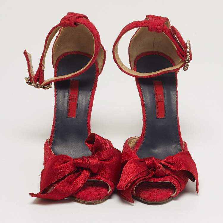 Pre Owned CH Carolina Herrera Size 36 Red Lace and Satin Bow Ankle Strap Sandals